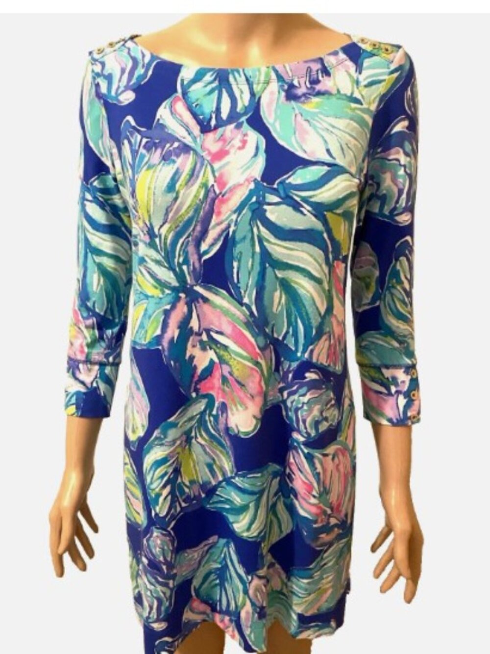 LILLY PULTIZER Sophie Dress 3/4 Sleeves Colorful Palms Stretchy Small Excellent